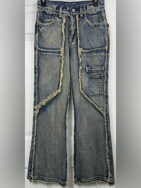 SuperMade Distressed Patchwork Frayed Jeans Wide Leg Y2K Grunge Womens S